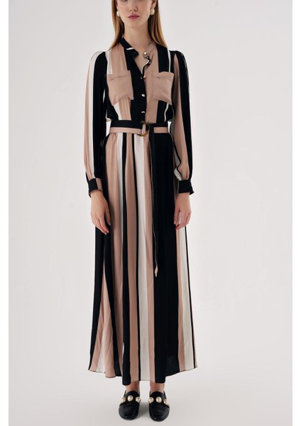 Çizgili Cepli Yarım Pat Kemerli Elbise 94426