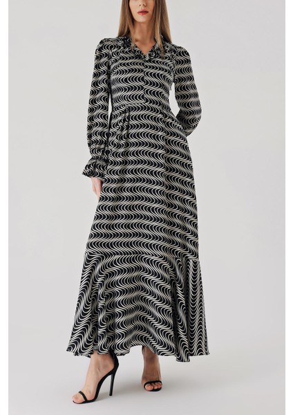 Siyah Beyaz Kolları ve Yakası Fırfır Detaylı Uzun Elbise 94413