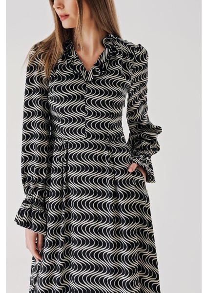 Siyah Beyaz Kolları ve Yakası Fırfır Detaylı Uzun Elbise 94413 modelleri