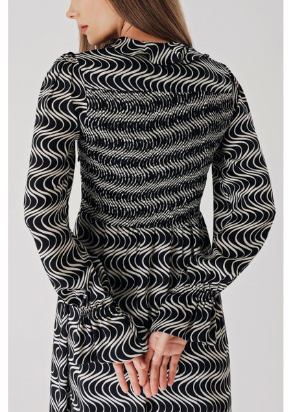 Siyah Beyaz Kolları ve Yakası Fırfır Detaylı Uzun Elbise 94413 indirimleri