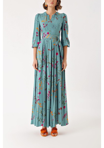 Çiçek Baskı Godeli ve Kemerli Uzun Elbise 94408 fiyatları