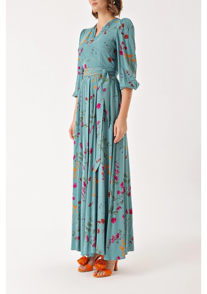 Çiçek Baskı Godeli ve Kemerli Uzun Elbise 94408 modelleri