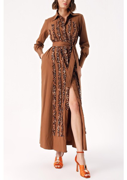 Kahve Şerit Fırfır Detaylı Uzun Gömlek Elbise 94352
