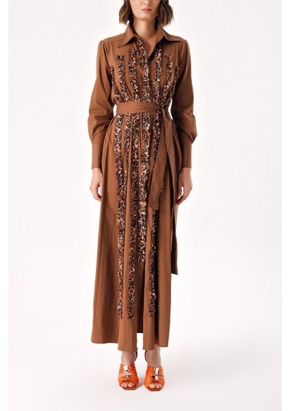 Kahve Şerit Fırfır Detaylı Uzun Gömlek Elbise 94352 fiyatları