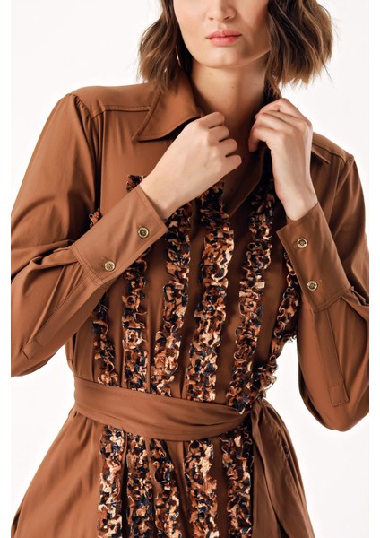 Kahve Şerit Fırfır Detaylı Uzun Gömlek Elbise 94352 indirimleri