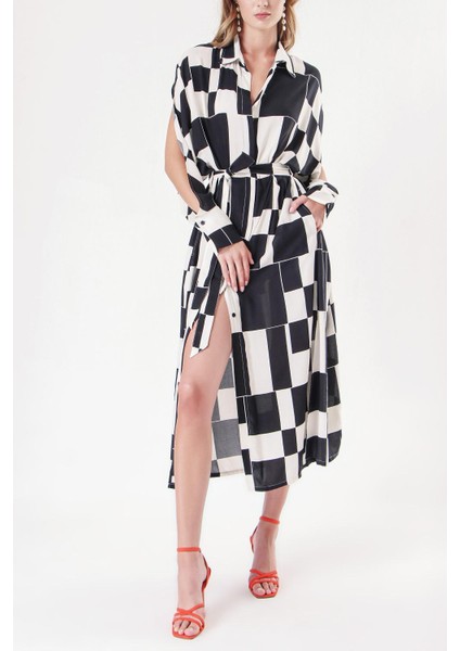 Siyah Beyaz Bol Kesim Gömlek Elbise 94058