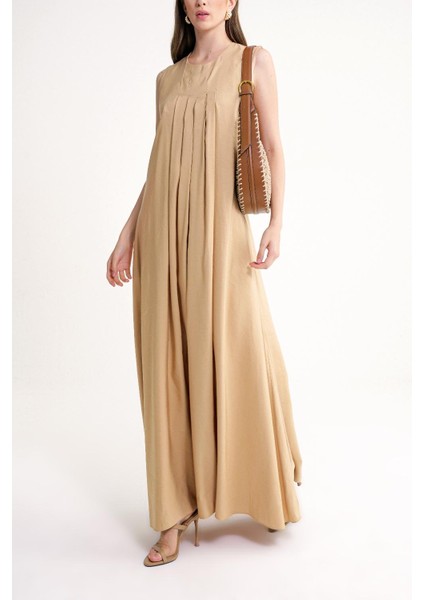 Devetüyü Pile Detaylı Bol Kesim Keten Elbise 94653