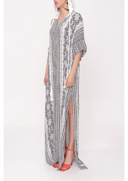 Çiçek Baskı Kapişonlu Bol Kesim Elbise 94028