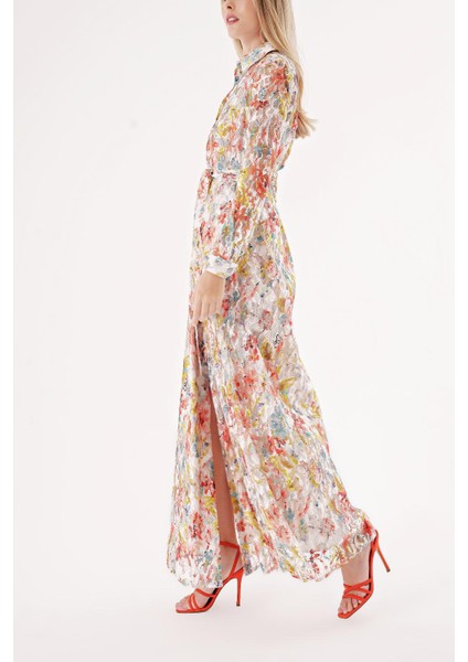 Karışık Renkler Dantel Rahat Kesim Uzun Gömlek Elbise 94512