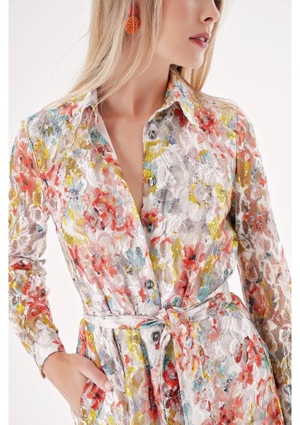 Karışık Renkler Dantel Rahat Kesim Uzun Gömlek Elbise 94512 indirimleri