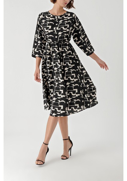 Siyah Ekru Loose Fit Dress With Tassel Belt Detail 94366