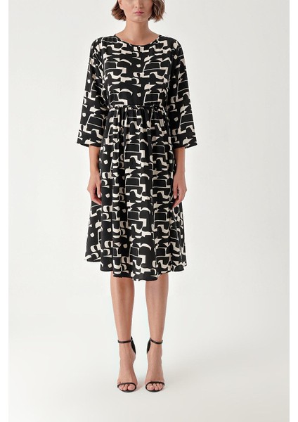 Siyah Ekru Loose Fit Dress With Tassel Belt Detail 94366 fiyatları