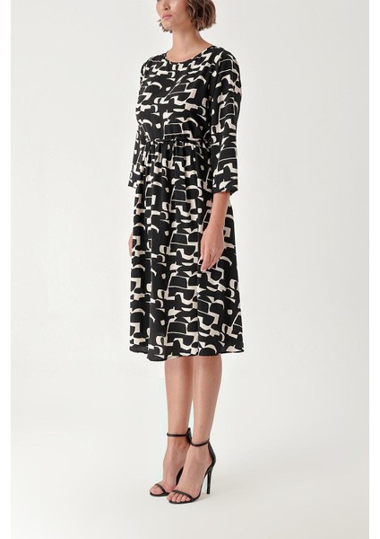 Siyah Ekru Loose Fit Dress With Tassel Belt Detail 94366 modelleri