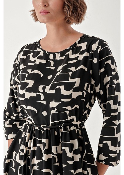 Siyah Ekru Loose Fit Dress With Tassel Belt Detail 94366 indirimleri