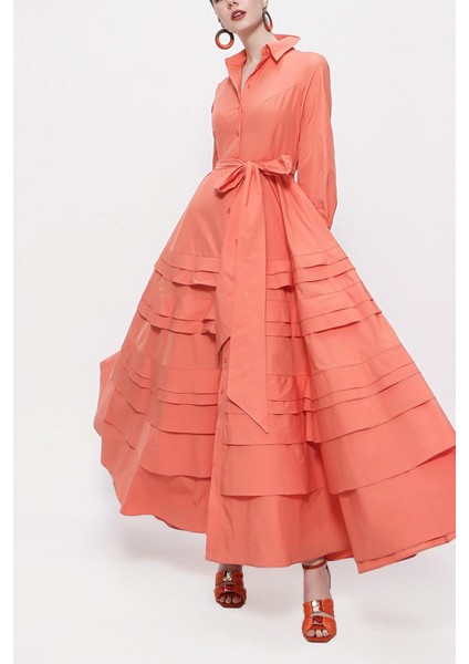 Şeftali Eteği Parça Detaylı Uzun Tafta Elbise 94333