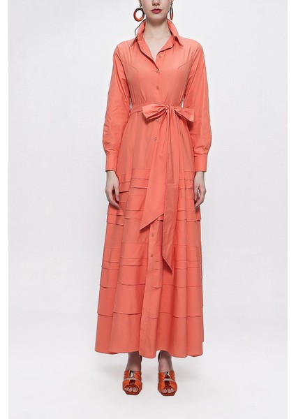 Şeftali Eteği Parça Detaylı Uzun Tafta Elbise 94333 fiyatları