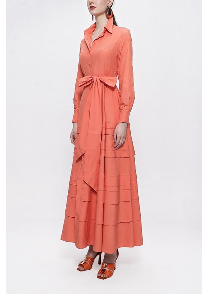 Şeftali Eteği Parça Detaylı Uzun Tafta Elbise 94333 modelleri