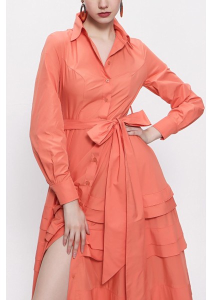 Şeftali Eteği Parça Detaylı Uzun Tafta Elbise 94333 fırsatları