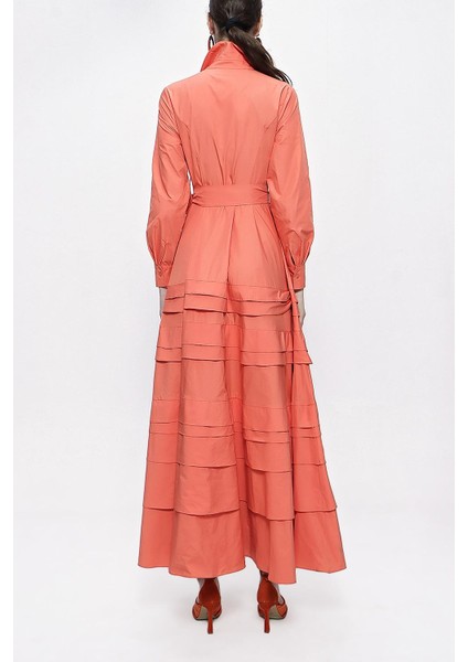 Şeftali Eteği Parça Detaylı Uzun Tafta Elbise 94333 indirimleri