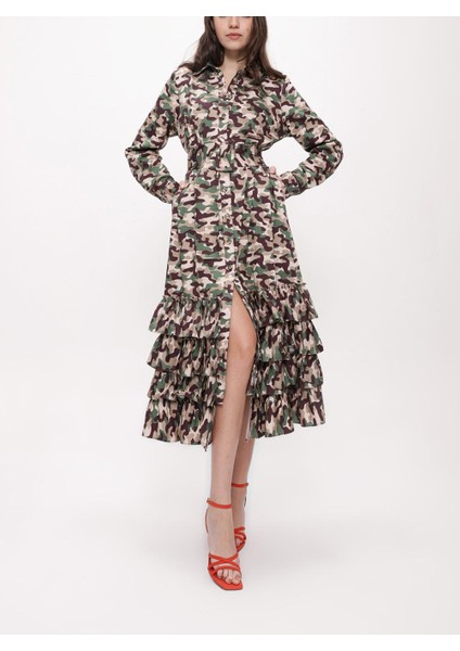Kamuflaj Fırfırlı Uzun Gömlek Elbise 93979