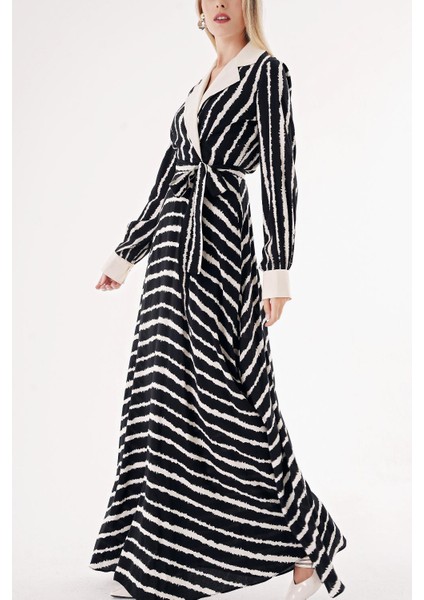 Siyah Bej Çizgili Geniş Yakalı Vatkalı Elbise 94513