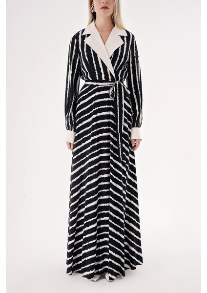 Siyah Bej Çizgili Geniş Yakalı Vatkalı Elbise 94513 fiyatları