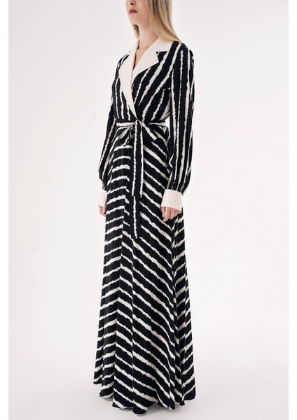 Siyah Bej Çizgili Geniş Yakalı Vatkalı Elbise 94513 modelleri