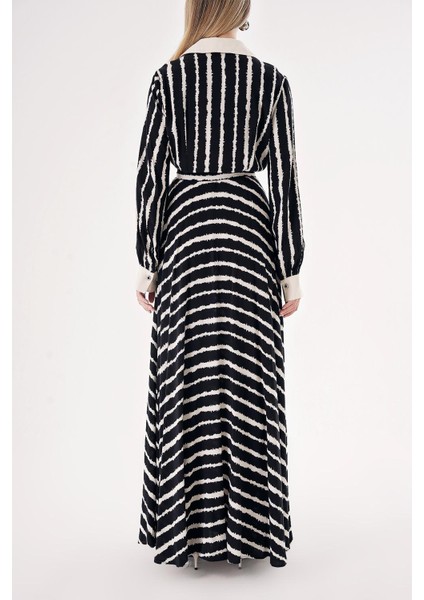 Siyah Bej Çizgili Geniş Yakalı Vatkalı Elbise 94513 fırsatları