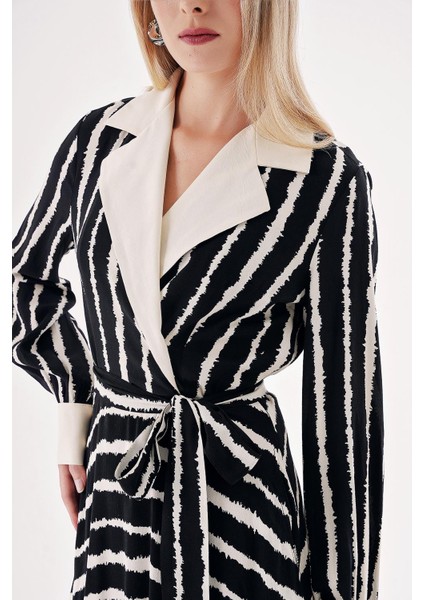 Siyah Bej Çizgili Geniş Yakalı Vatkalı Elbise 94513 indirimleri