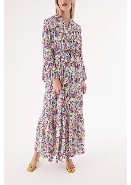 Çiçek Baskı Beli Lastikli Büzgülü Uzun Elbise 94541