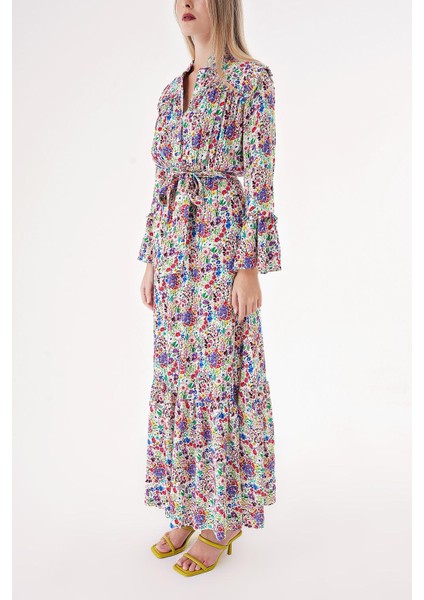 Çiçek Baskı Beli Lastikli Büzgülü Uzun Elbise 94541 modelleri