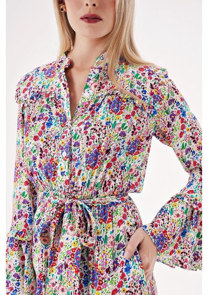 Çiçek Baskı Beli Lastikli Büzgülü Uzun Elbise 94541 indirimleri