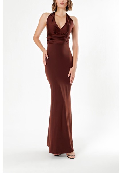 Kahve Derin V Yaka Örme Kumaş Elbise 91733