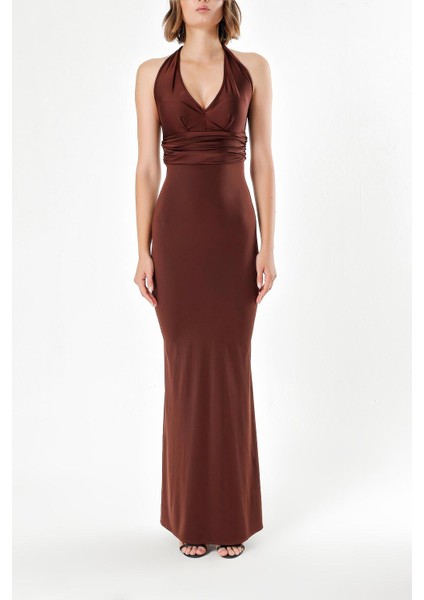 Kahve Derin V Yaka Örme Kumaş Elbise 91733 fiyatları