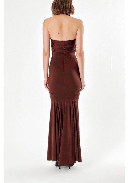 Kahve Derin V Yaka Örme Kumaş Elbise 91733 fırsatları