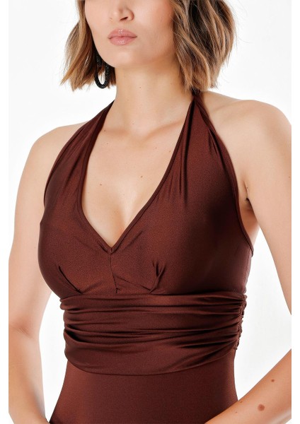 Kahve Derin V Yaka Örme Kumaş Elbise 91733 indirimleri