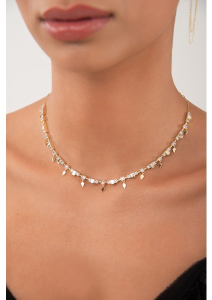 Altın Işıltılı Sallantı Detaylı 925 Ayar Gümüş Kolye 175