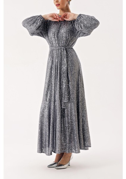 Gümüş Büzgü Detaylı Balon Kollu Payetli Elbise 94468 fiyatları