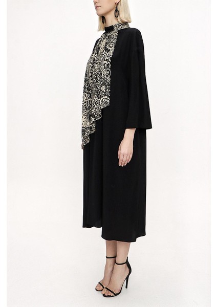 Siyah Bej Kontrast Kumaş Detaylı Bol Kesim Elbise 94119