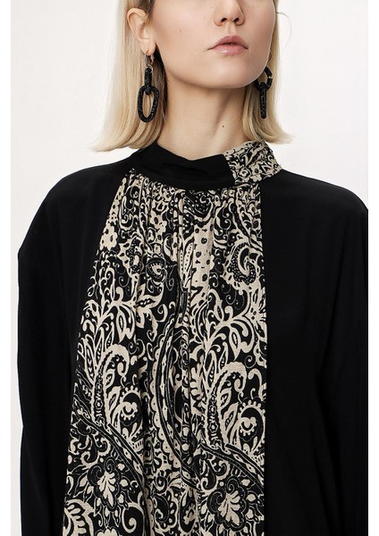 Siyah Bej Kontrast Kumaş Detaylı Bol Kesim Elbise 94119 modelleri