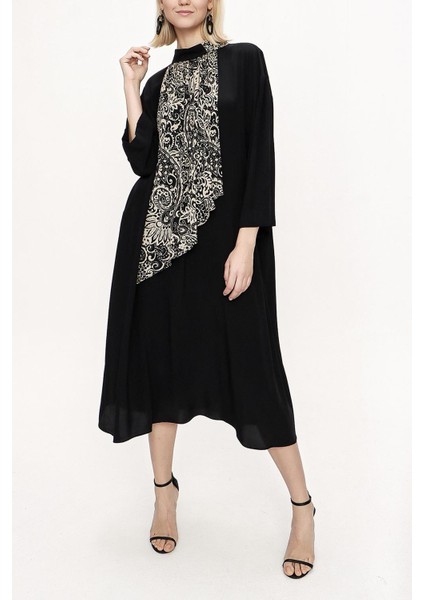 Siyah Bej Kontrast Kumaş Detaylı Bol Kesim Elbise 94119 indirimleri