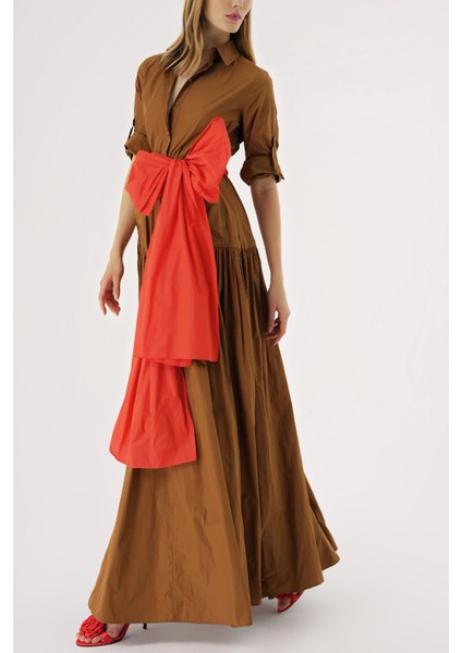 Devetüyü Büzgü Detaylı Uzun Gömlek Elbise 94577