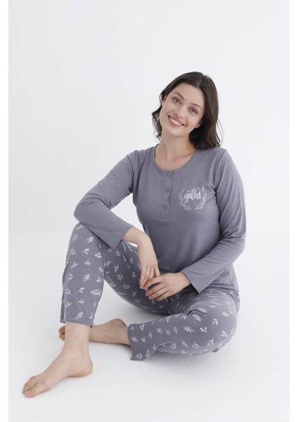 790-31 Kadın Düğmeli Yaka Uzun Kollu Pijama Takım