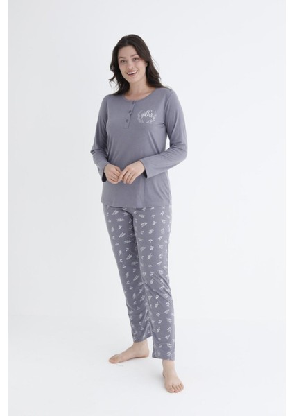 790-31 Kadın Düğmeli Yaka Uzun Kollu Pijama Takım modelleri