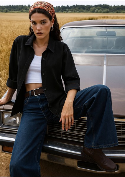 Kadın Rahat Kalıp Siyah Jean Gömlek fırsatları