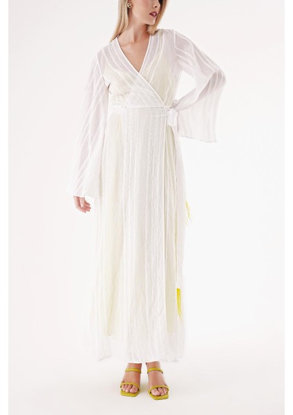 Beyaz Sarı Transparan Astarlı Kruvaze Elbise 94357