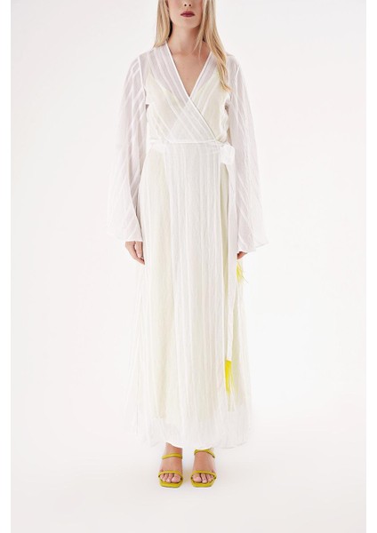 Beyaz Sarı Transparan Astarlı Kruvaze Elbise 94357 fiyatları