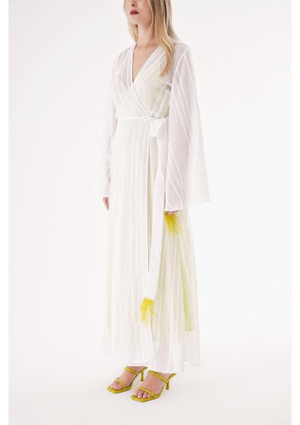 Beyaz Sarı Transparan Astarlı Kruvaze Elbise 94357 modelleri