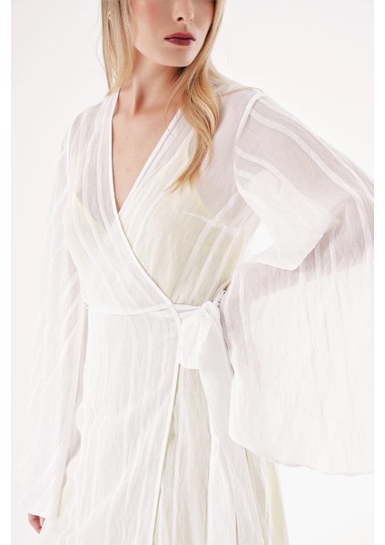 Beyaz Sarı Transparan Astarlı Kruvaze Elbise 94357 indirimleri