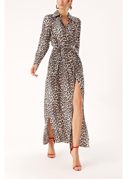 Leopar Büzgü Detaylı Gömlek Elbise 94299